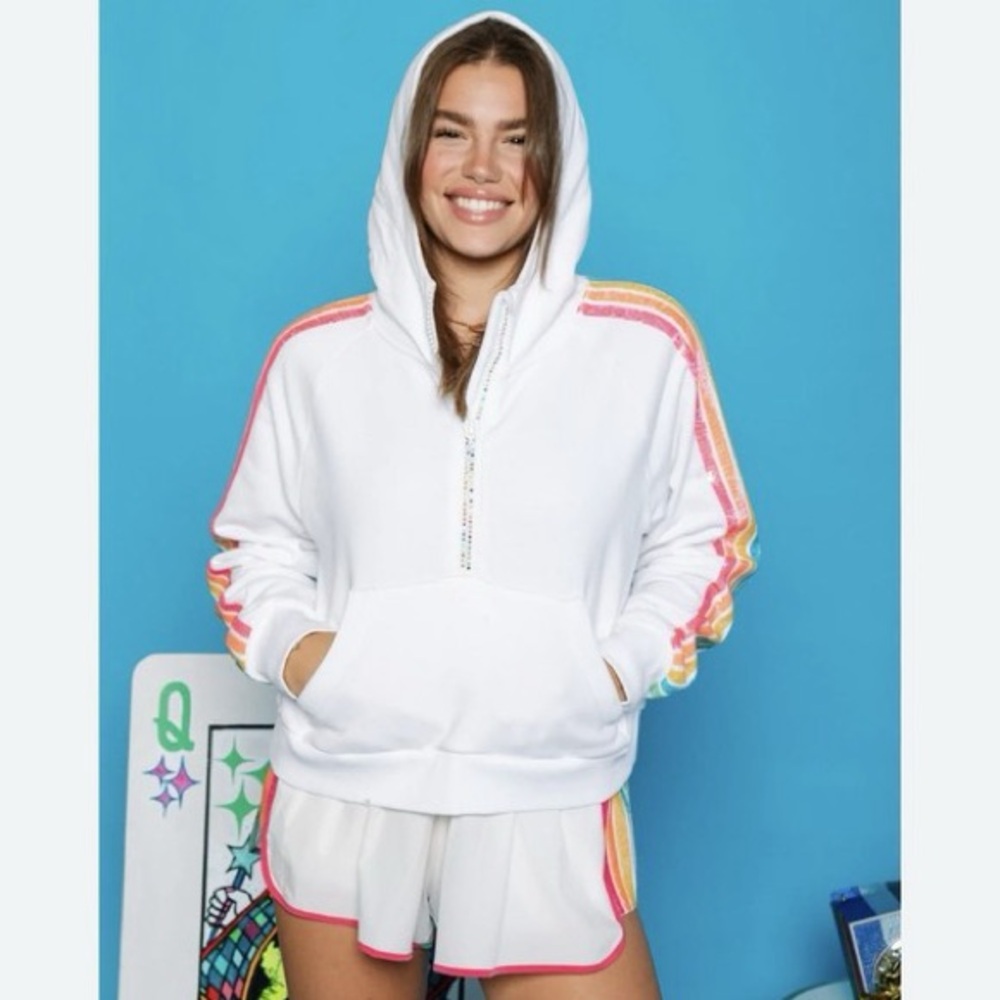 Queen of Sparkles White Hoodie with Rainbow Stripes